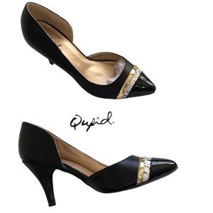 QUPID Panema Black Patent Leather 3" Heels White Gold Vamp Pumps